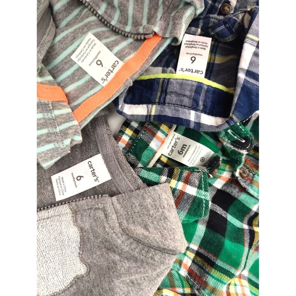 Carter's Baby Boy 6 Mos Hooded Jacket Button Down Plaid‎ Top Lot 4pc Bear Fox